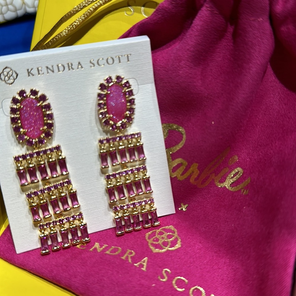 Barbie™ x Kendra Scott Gold Statement Earrings in Hot Pink Drusy
